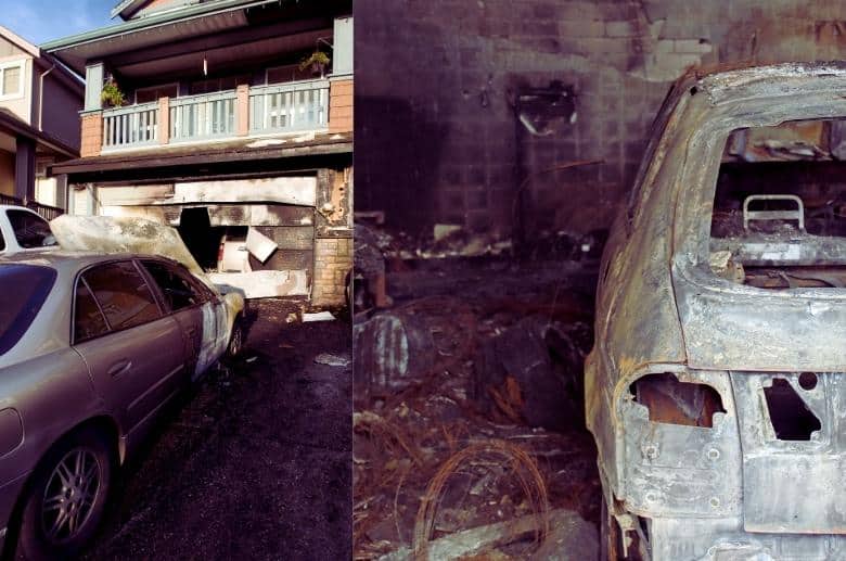 A burned garage. Wood garage doors easily burn.