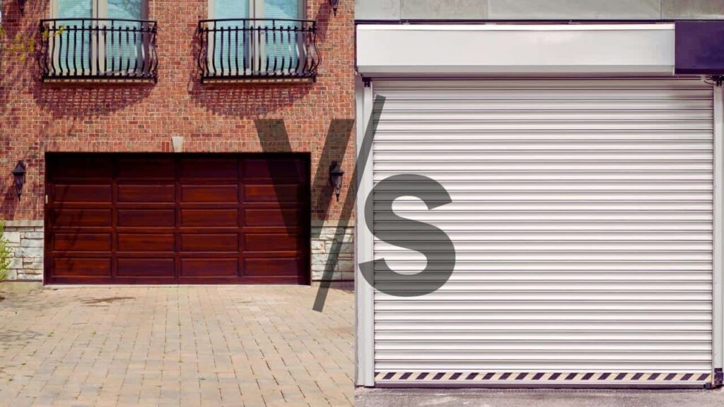 A steel garage door and a wood garage door. Comparing steel vs wood garage doors on different aspects.