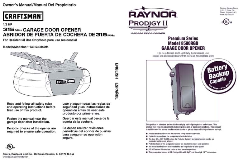 Front page of the manuals for garage door openers. The manuals contain the garage door safety features.
