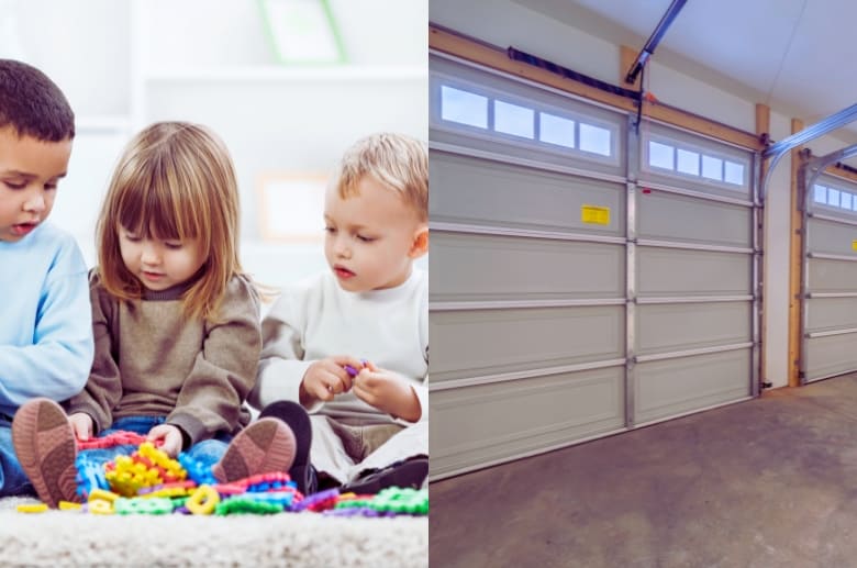 Children playing and a garage. Teach children about garage door safety.