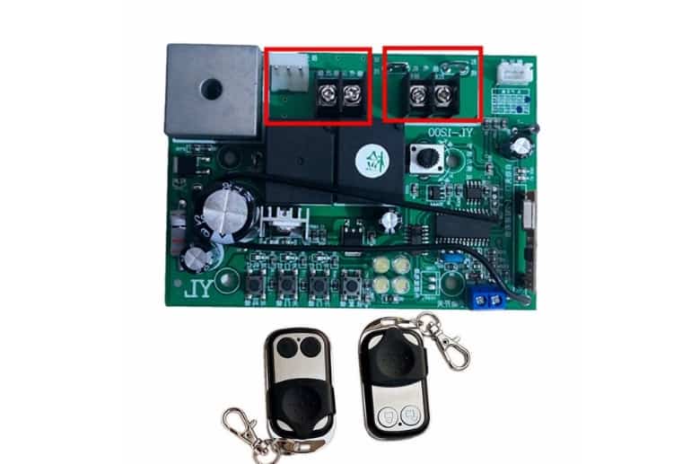 A replacement garage door logic board. A garage door clicking is sometimes caused by a faulty logic board.