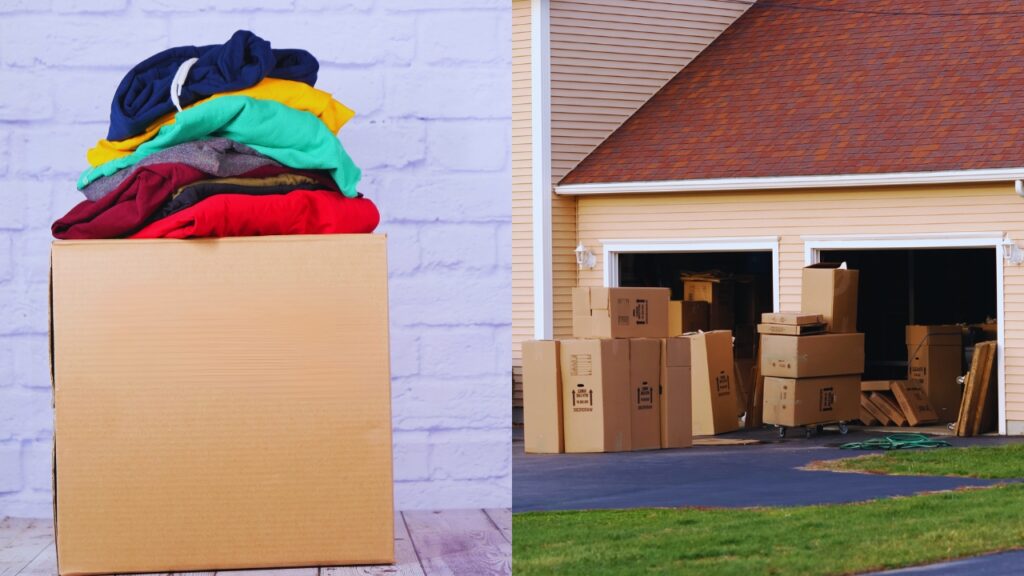 Clothes on a box and boxes being stored inside a garage. Know how to store clothing in the garage.