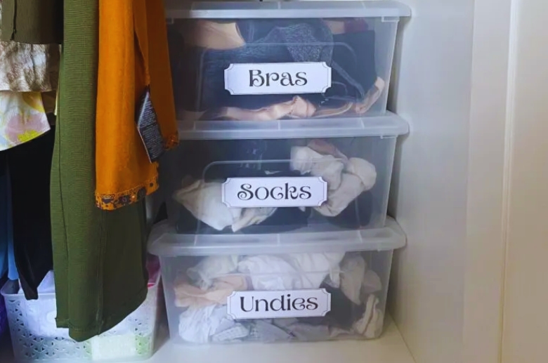 Clothes inside containers.